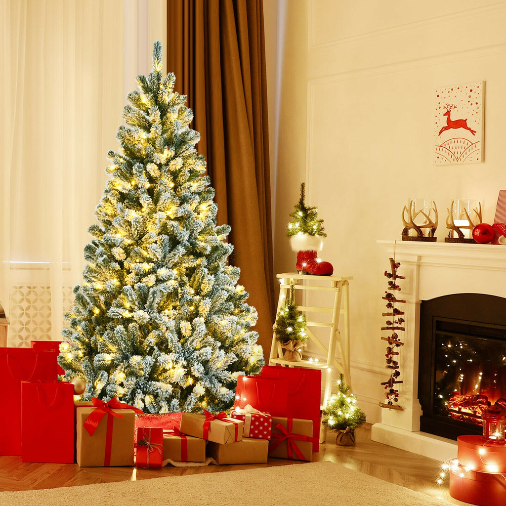 6 Ft Pre-lit Snow Flocked Christmas Tree with Metal Stand - Hinged Design