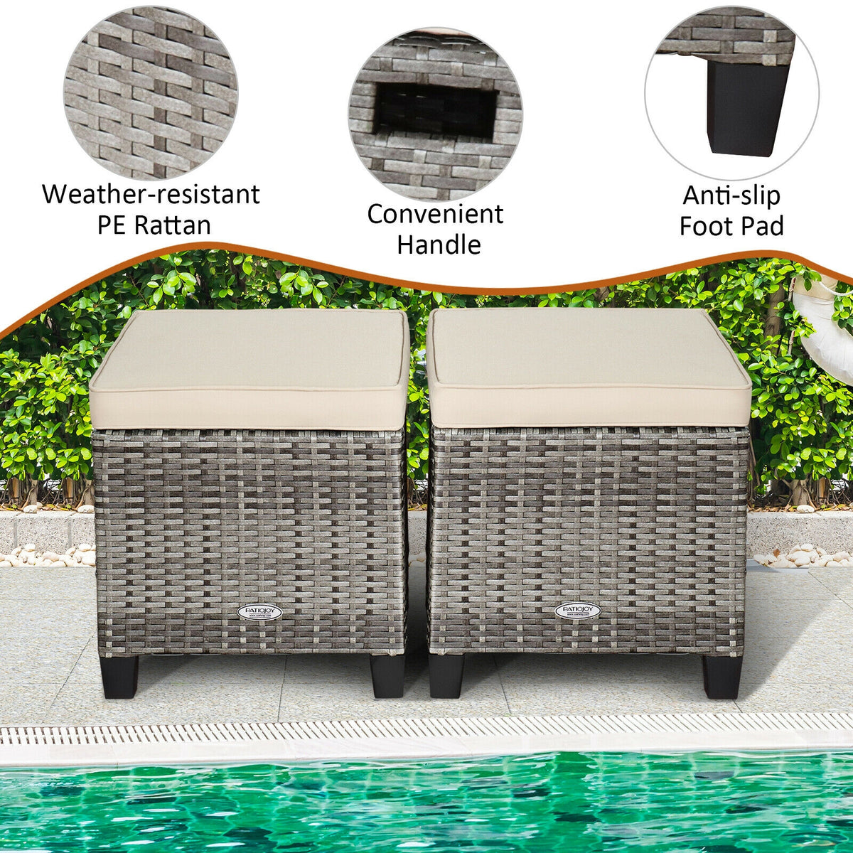 2 Pieces Patio Rattan Ottoman Seat with Removable Cushions