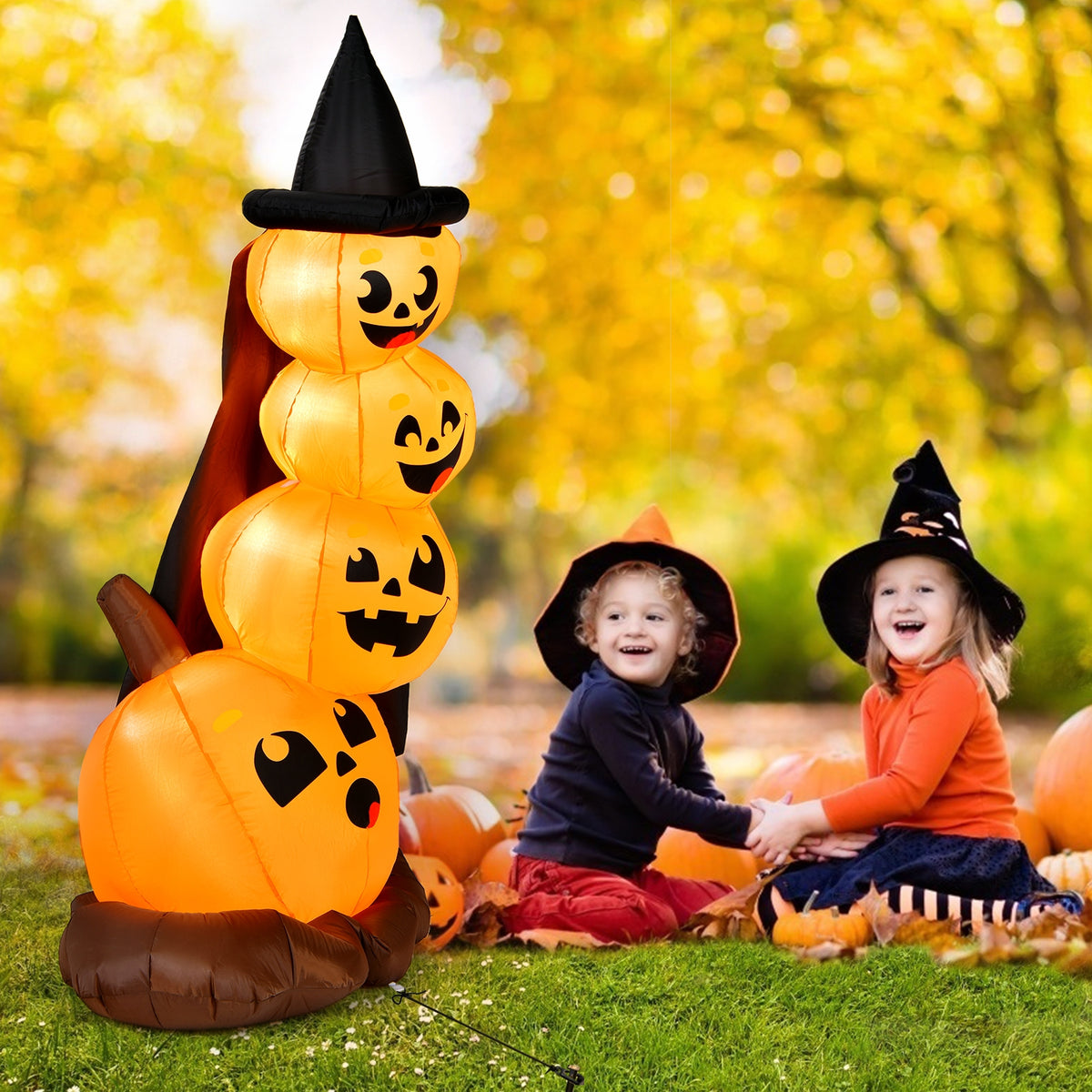 7 Feet Inflatable Pumpkin Combo with Witch's Hat & LED Lights - 4 Pumpkins Variation