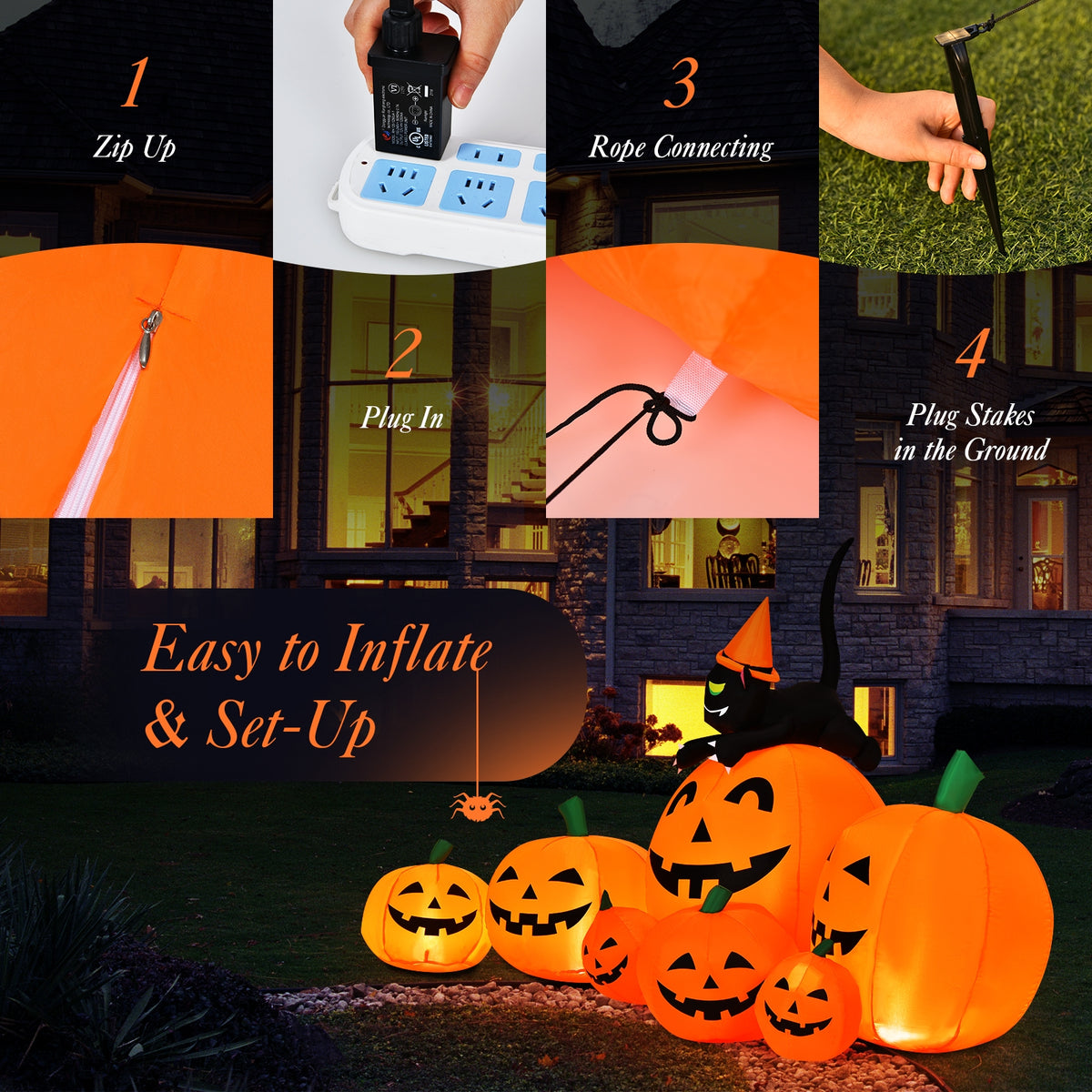 Halloween Inflatable Pumpkin Combo with Witch and Black Cat - 7.5 Feet, Includes Variation of 7 Pumpkins with Cat