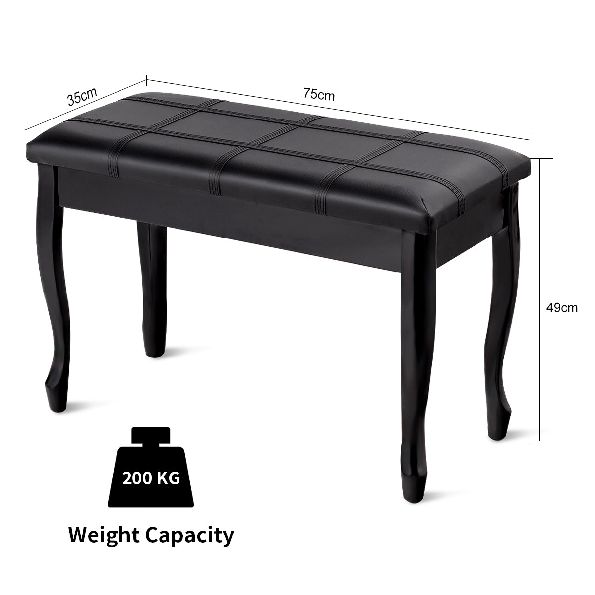 Piano Bench with Storage - Solid Wood, Black Bent Legs