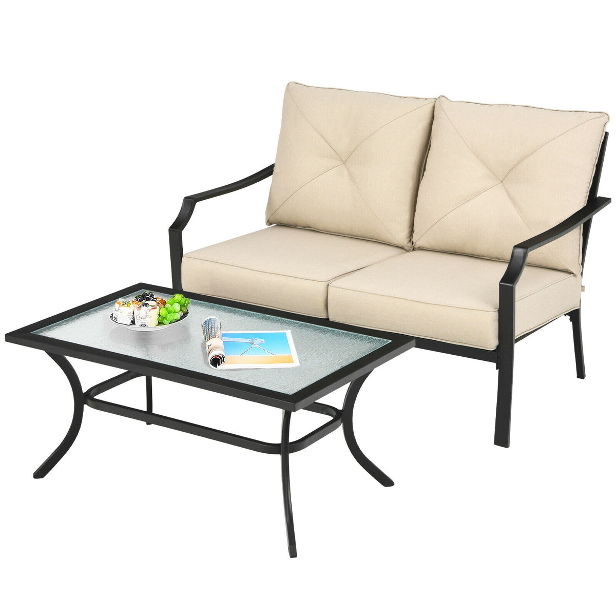 2 Pieces Patio Outdoor Cushioned Sofa Bench with Coffee Table