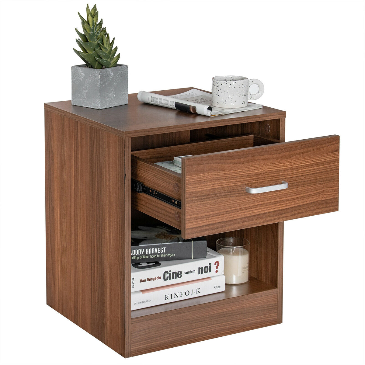Modern Wooden Nightstand with Drawer and Open Storage - Brown