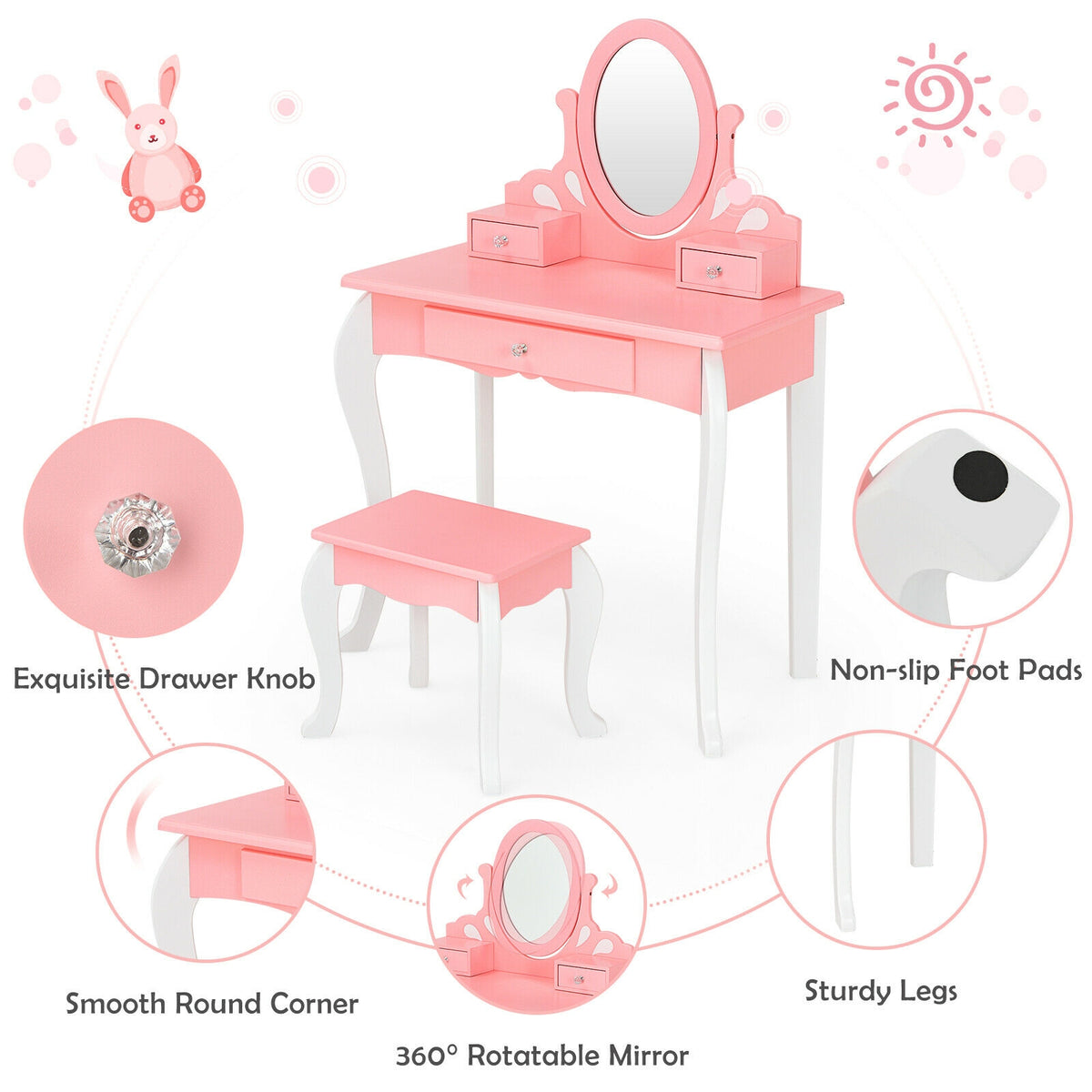 Kids Princess Makeup Dressing Vanity Set with Mirror and Drawer - Pink