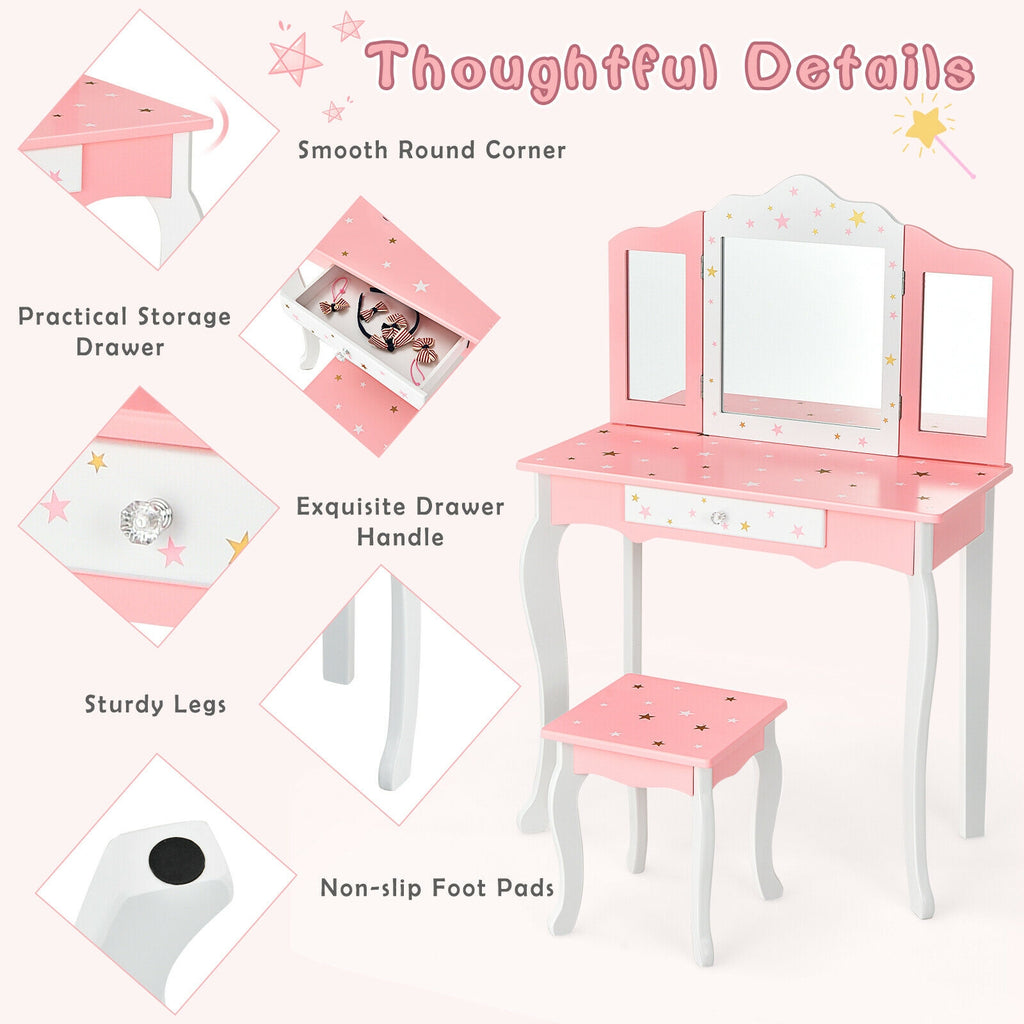 Kids Princess Vanity Table and Stool Set with Tri-Fold Mirror - Pink - Kids Bedroom Furniture