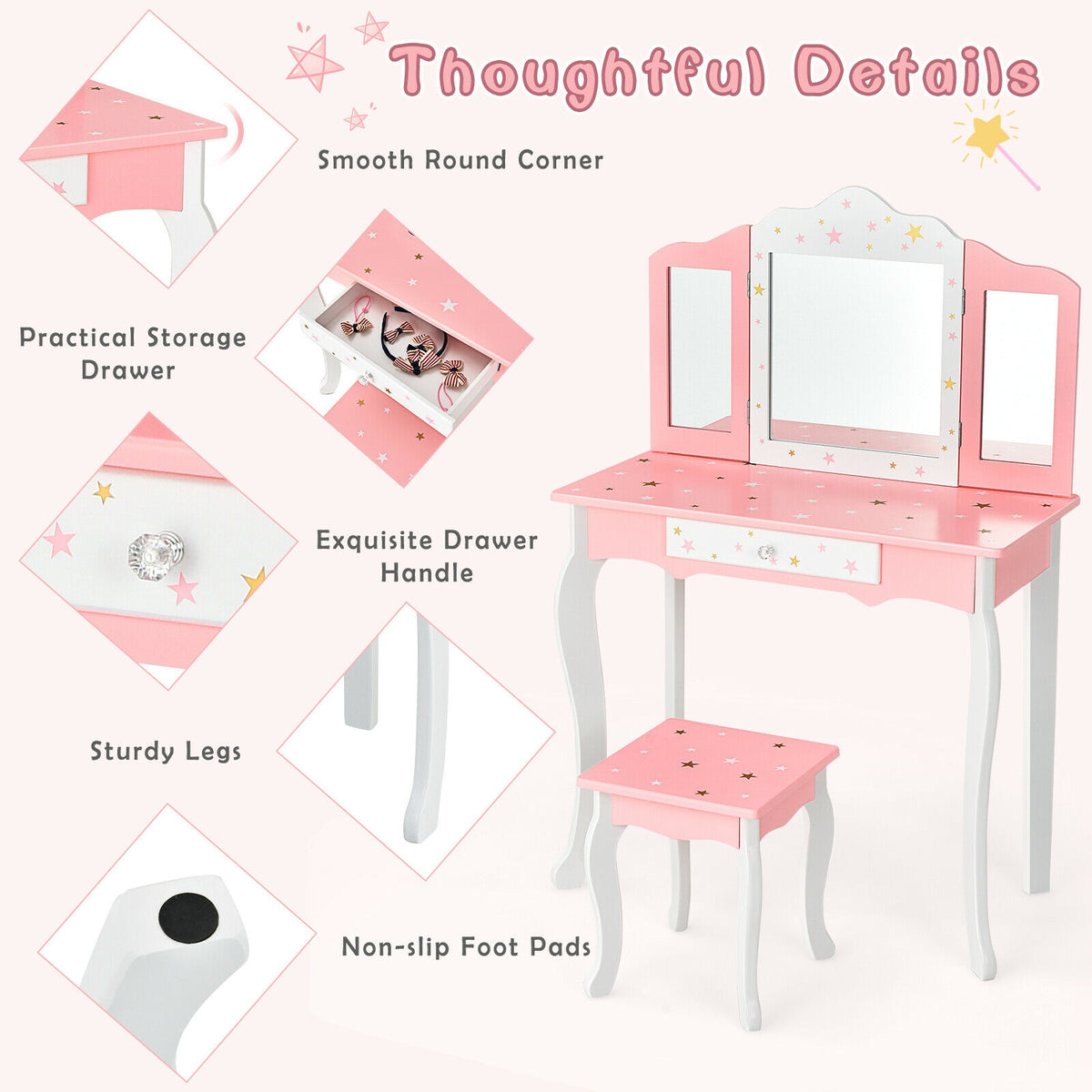 Kids Princess Vanity Table and Stool Set with Tri-Fold Mirror - Pink - Kids Bedroom Furniture