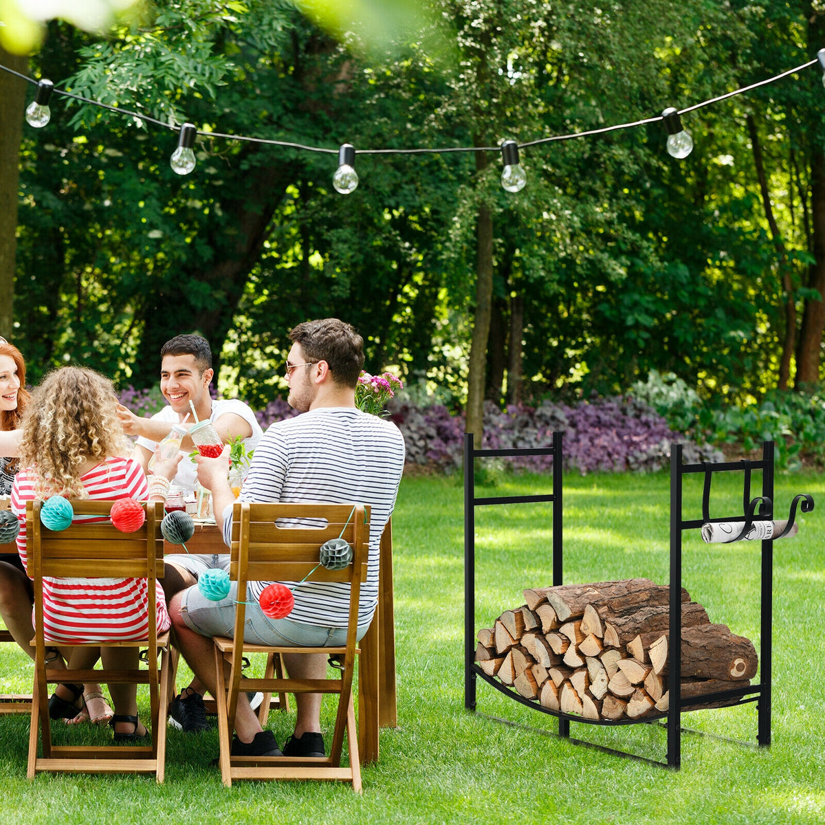 33 Inch Firewood Rack with Removable Kindling Holder Steel Fireplace