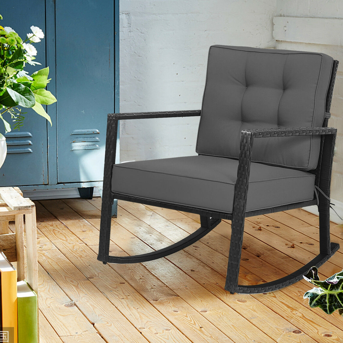 Rattan Rocking Chair with Cushion, Gray