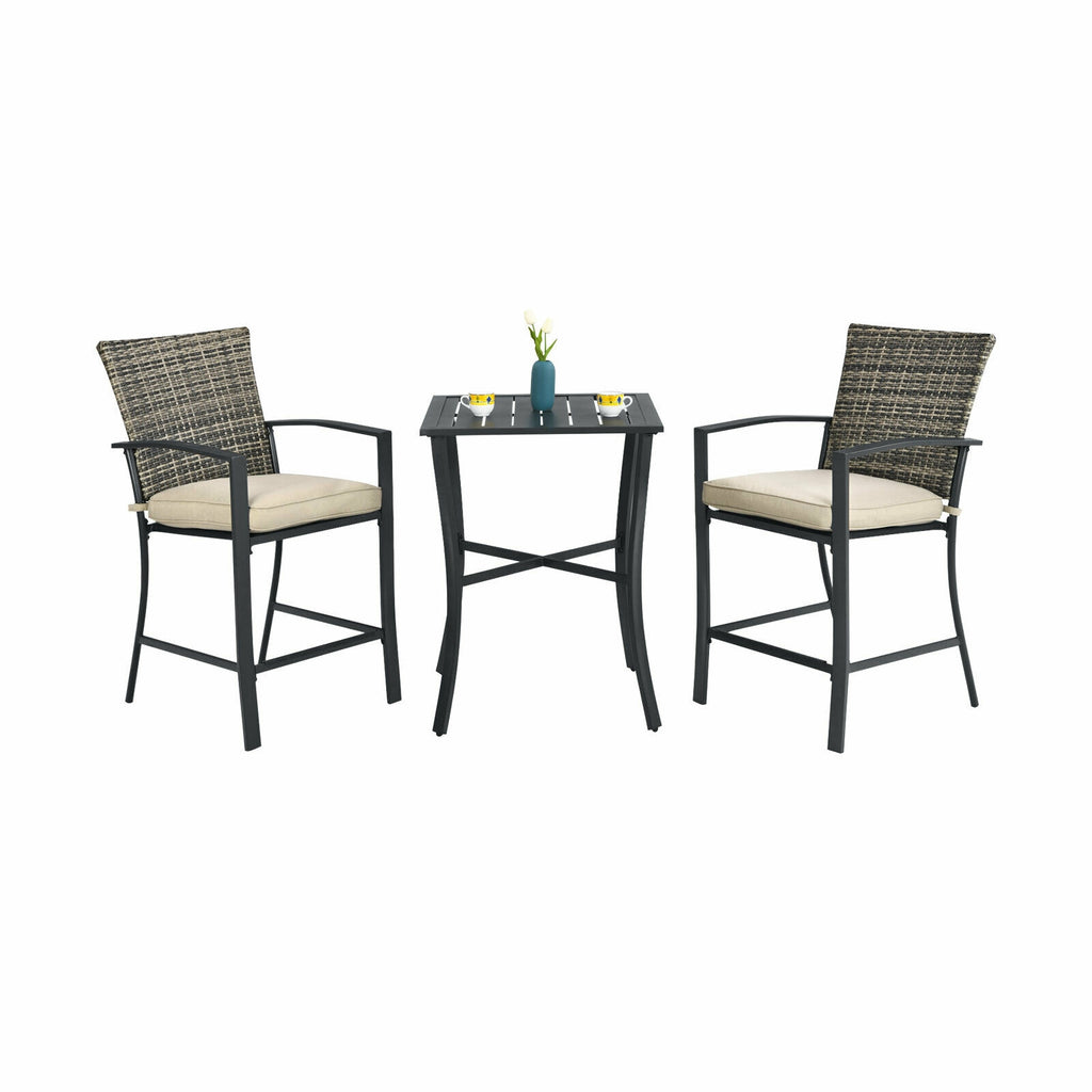 3 Pieces Rattan Bar Furniture Set with Slat Table and 2 Cushioned