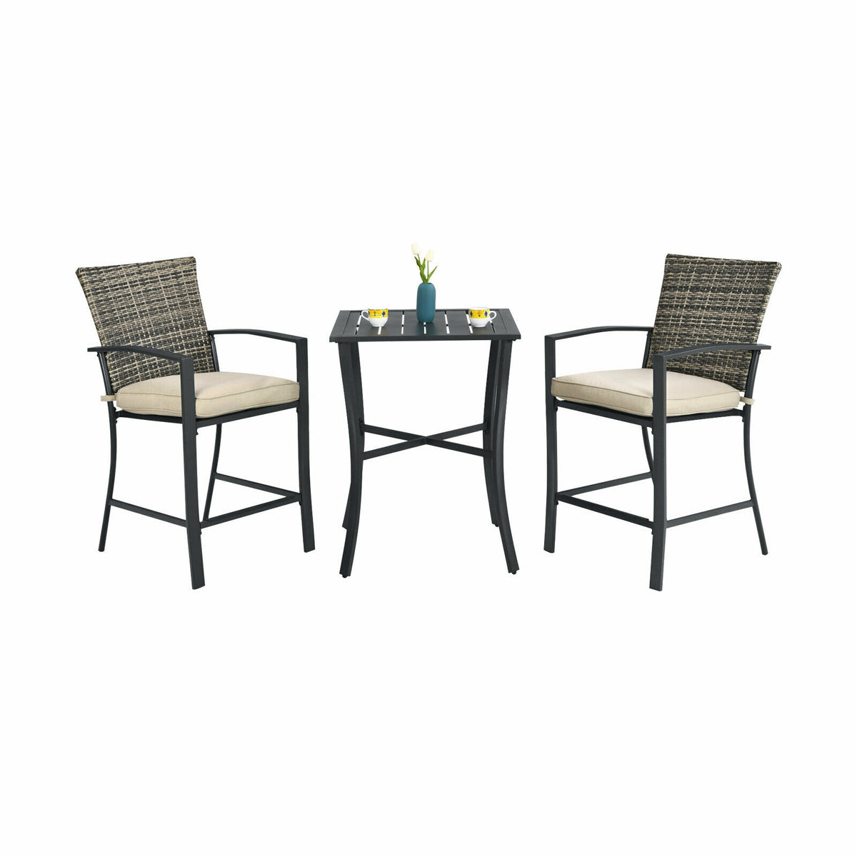 3 Pieces Rattan Bar Furniture Set with Slat Table and 2 Cushioned