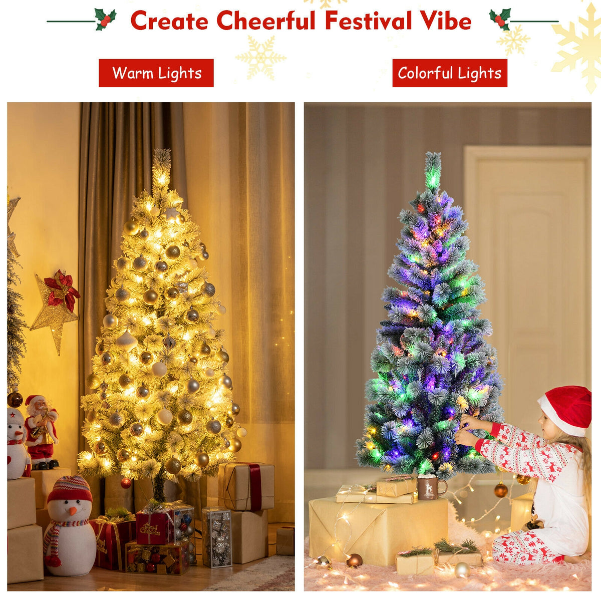 5/6/7.5/8 Feet Pre-lit Snow Flocked Christmas Tree with 9 Lighting Modes - Foldable & Sturdy Stand