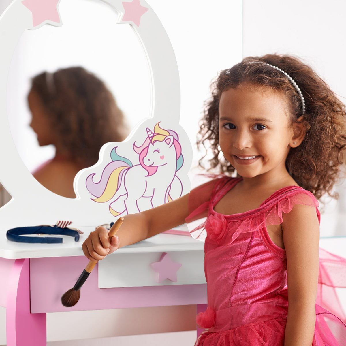 Kids Vanity Set Makeup Dressing Table and Chair with Mirror & Drawer - Pink