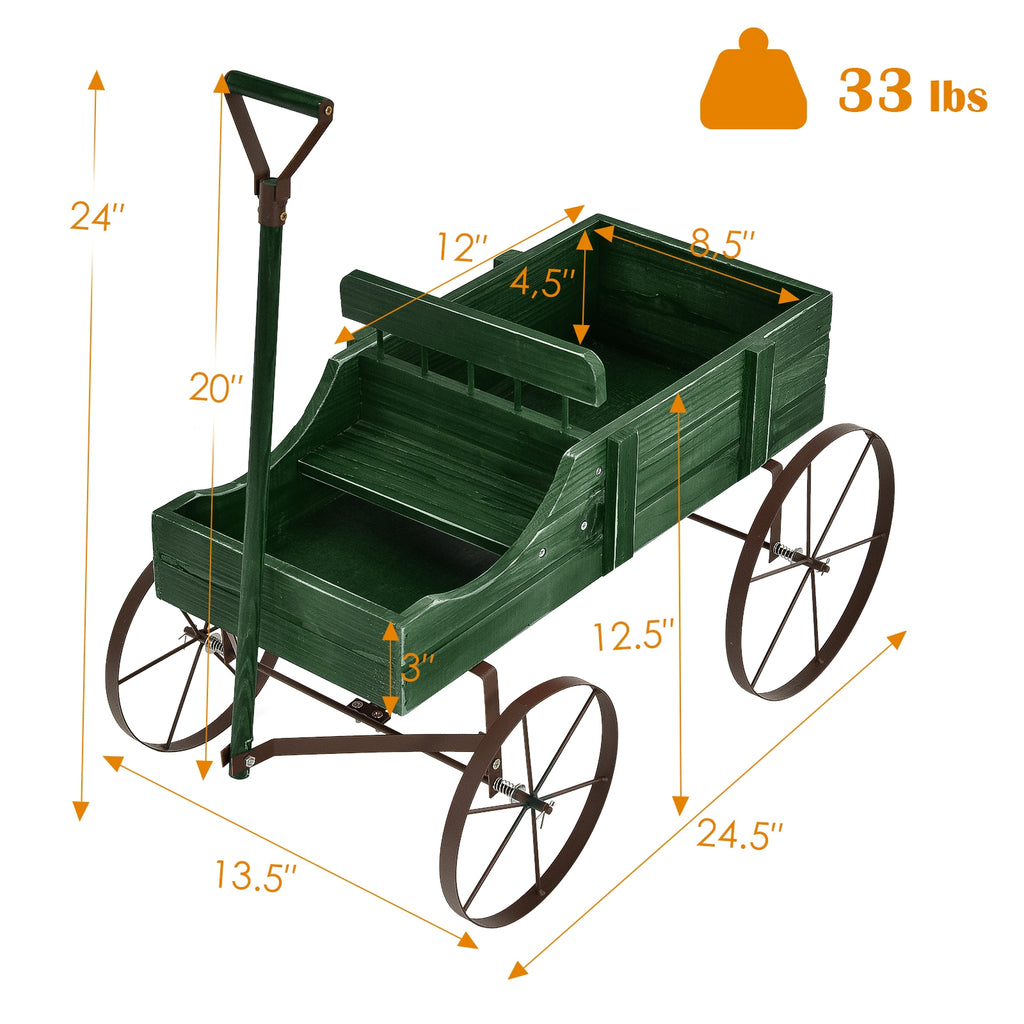 Wooden Garden Wagon Planter Bed with Metal Wheels - Green