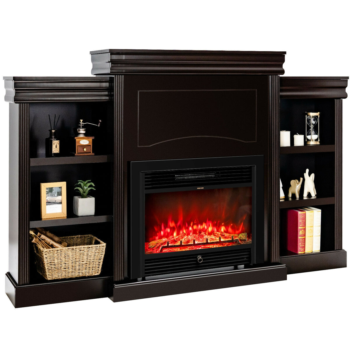 70 Inch Fireplace Media Entertainment Center with Bookcase - Brown
