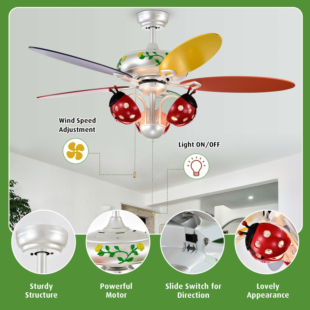 Kids Ceiling Fan with Be Beetle Lampshade, Colorful Blades & Reversible Motor