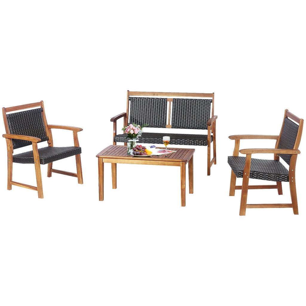 4 Pieces Outdoor Patio Rattan Furniture Sofa Set with Acacia Wood