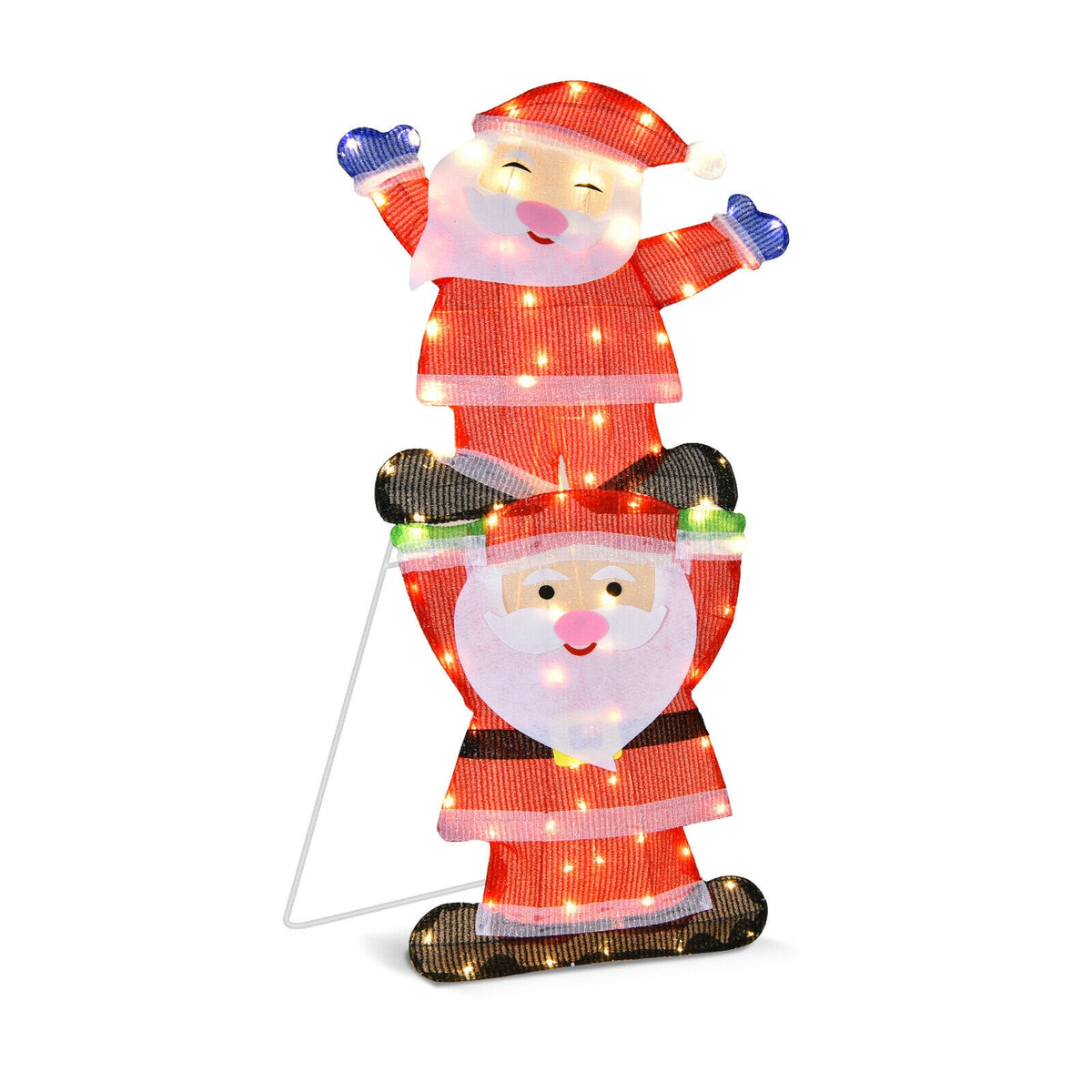 Metal Frame Double Santa LED Yard Decoration with String Lights & Stakes - Christmas Outdoor Decor