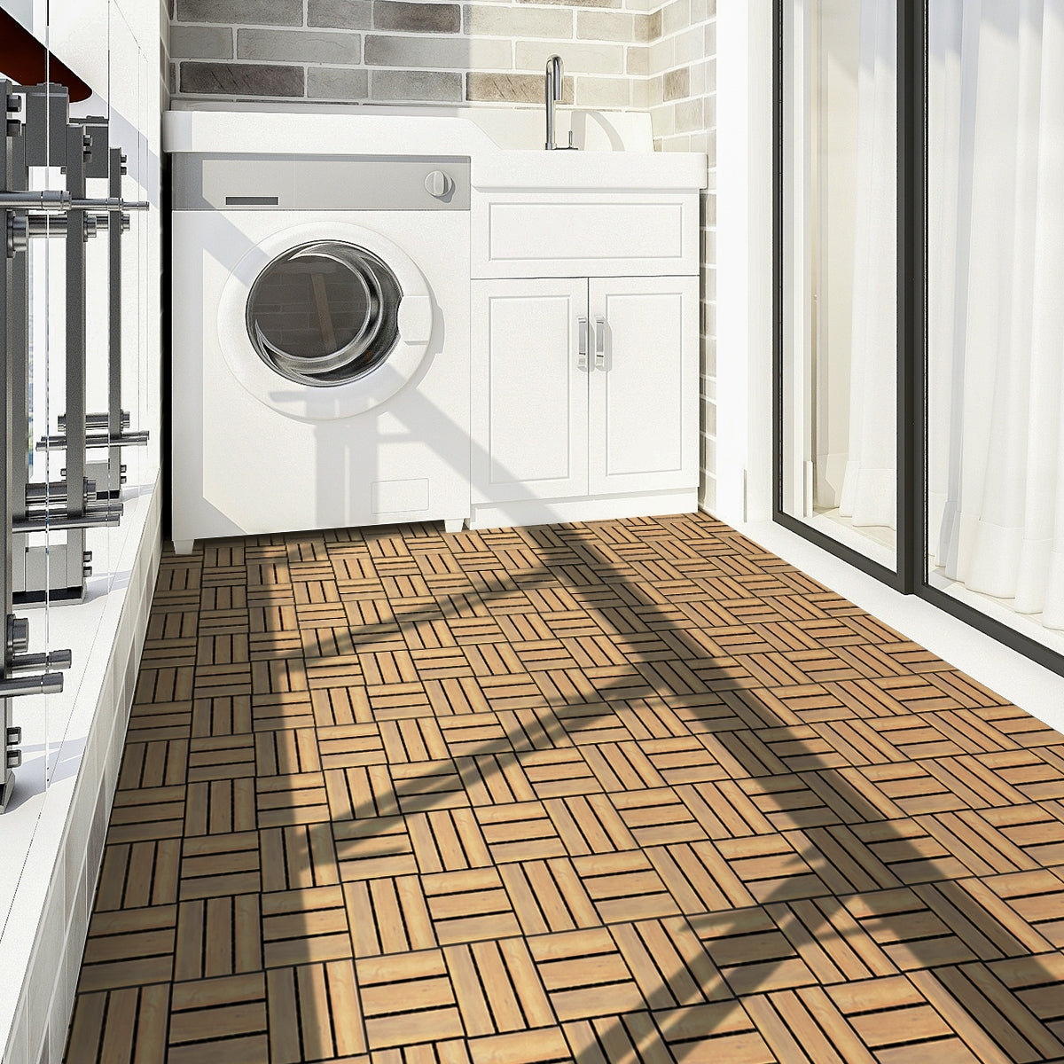 Checker Pattern Acacia Wood Interlocking Deck Tiles - 12x12 Inch, 10 Pack