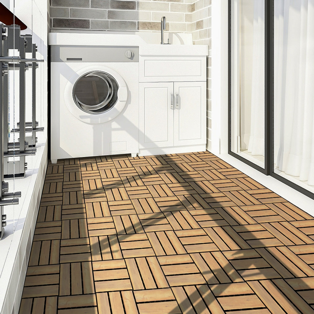Interlocking Acacia Wood Floor Tiles - Stripe Pattern, 10 Pack, 12x12 Inch