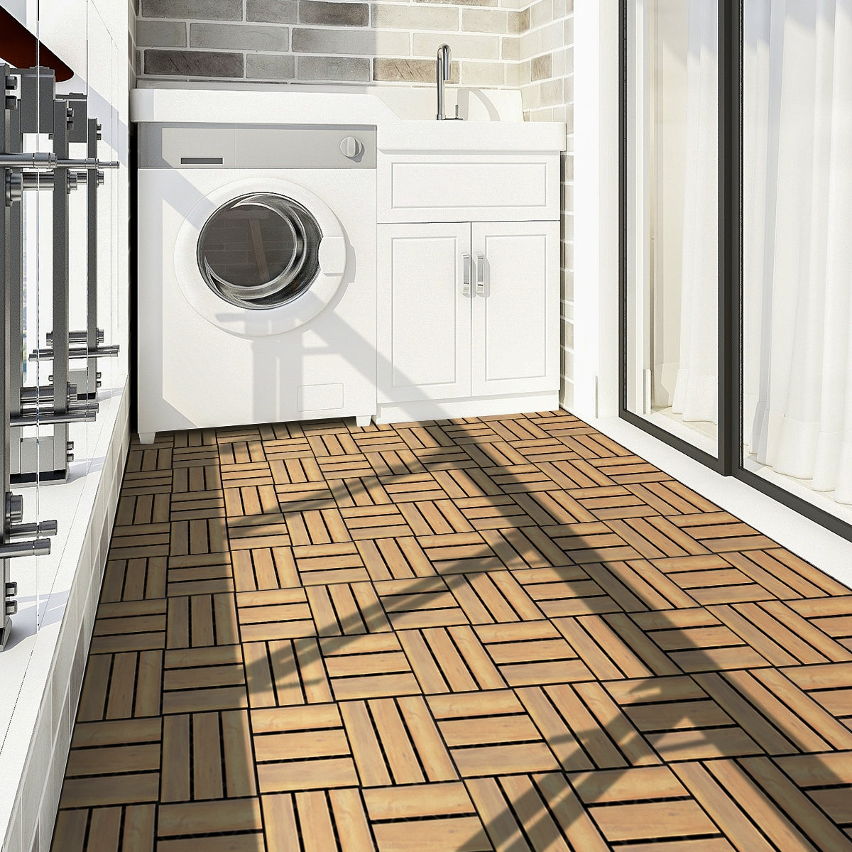 Interlocking Acacia Wood Floor Tiles - Stripe Pattern, 10 Pack, 12x12 Inch