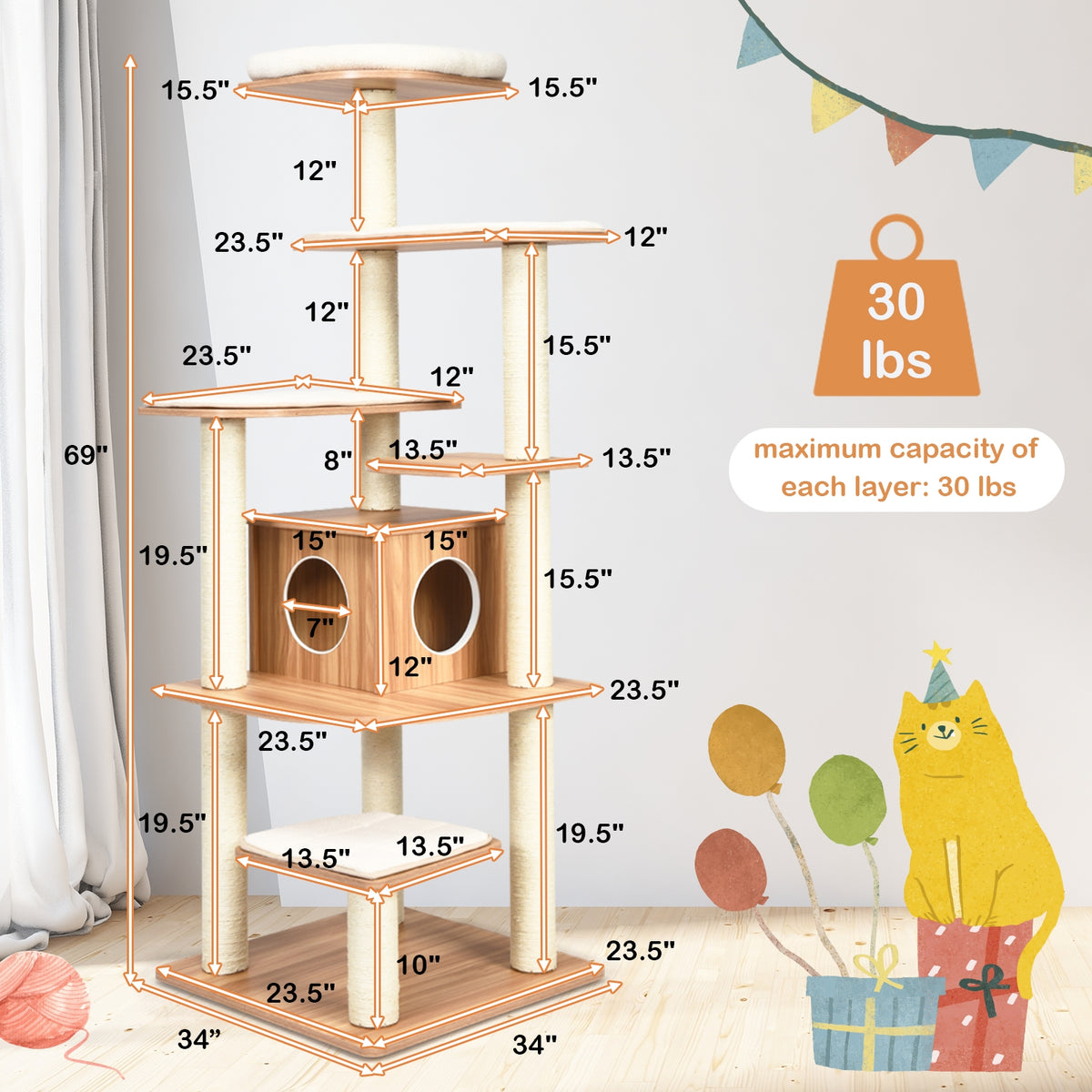 7-Layer Wooden Cat Tree Tower with Sisal Posts & Condo - Natural Finish