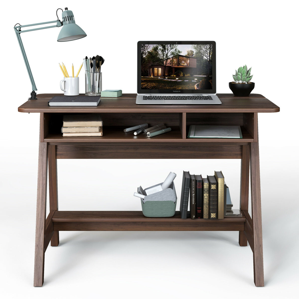 Mid Century Writing Desk 43.5" - Storage Cubes & Hidden Compartment