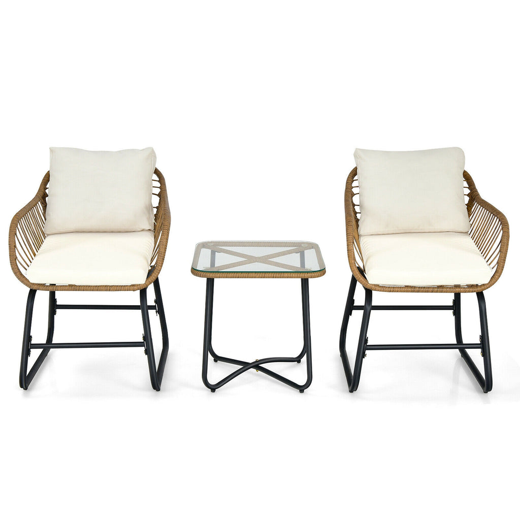 3-Piece Patio Bistro Set with 2 Rattan Chairs and Square Glass Coffee