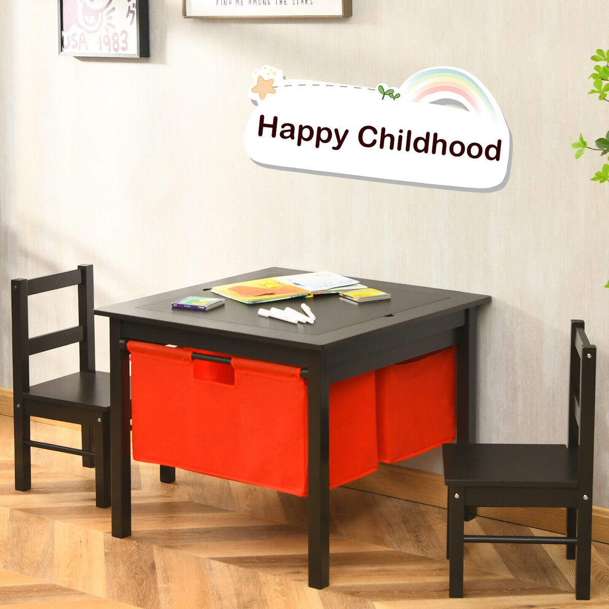 Kids Activity Table and 2 Chairs Set with Storage - Dark Brown