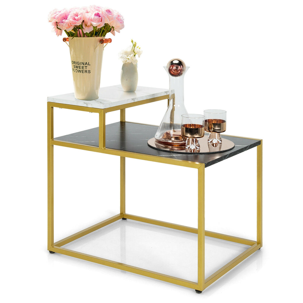 2-Tier Side Table with Marble Finish & Metal Frame – White