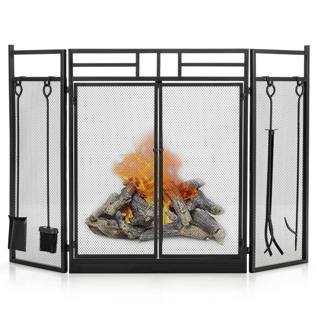 3-Panel Fireplace Screen with Tools Set - Black
