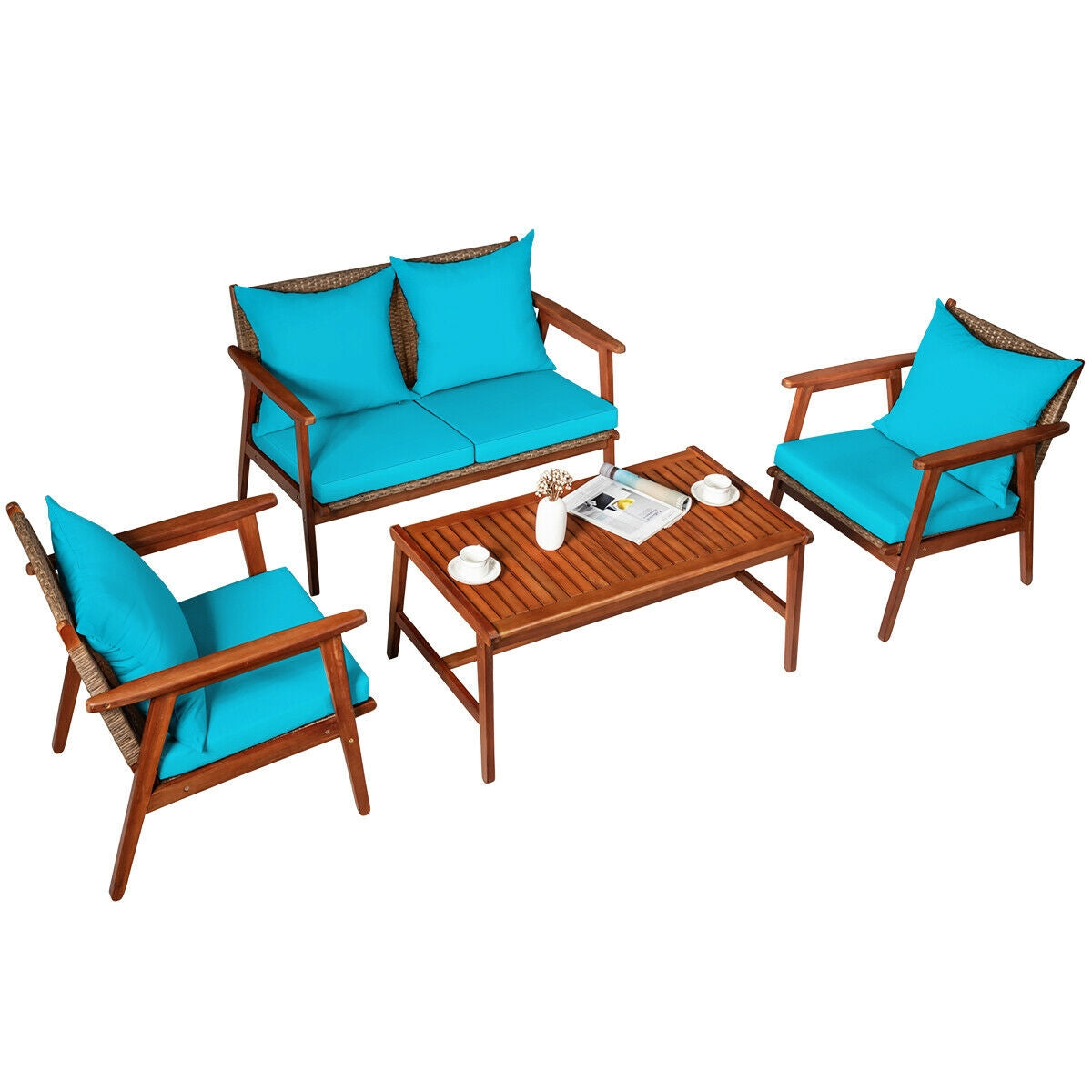 4-Piece Acacia Wood Patio Rattan Furniture Set with Cushions - Brown