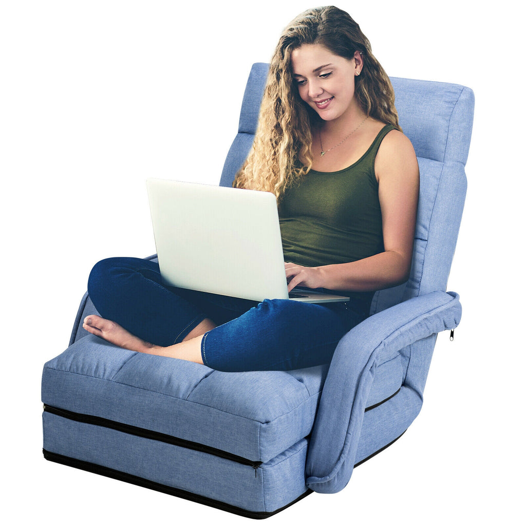 Folding Floor Chair with Armrests and Pillow - Blue