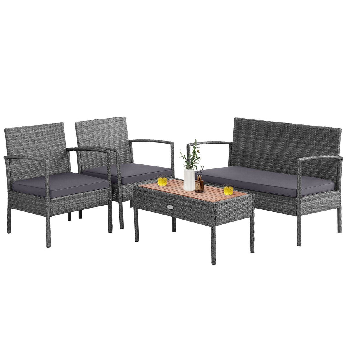 4 Pieces Rattan Patio Conversation Furniture Set with Acacia Wood