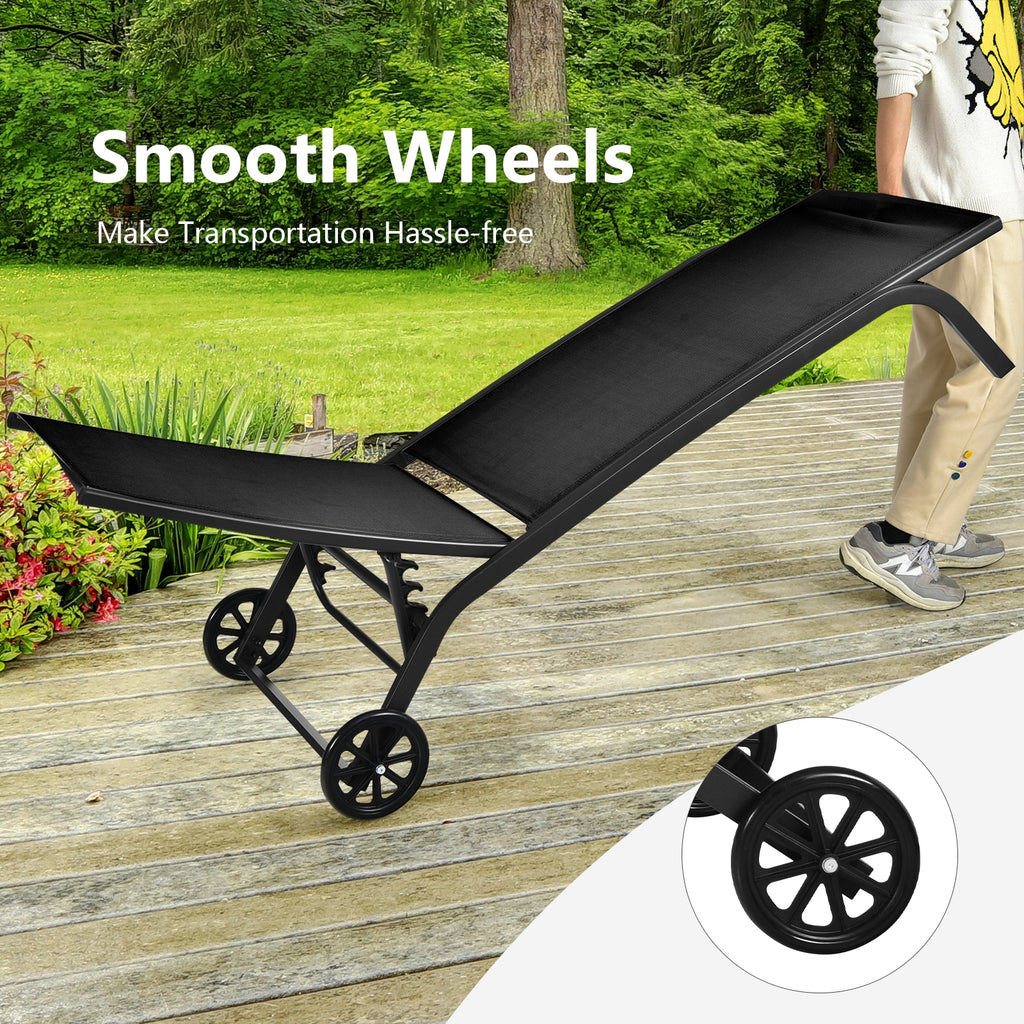6-Position Adjustable Outdoor Chaise Recliner with Wheels - Black