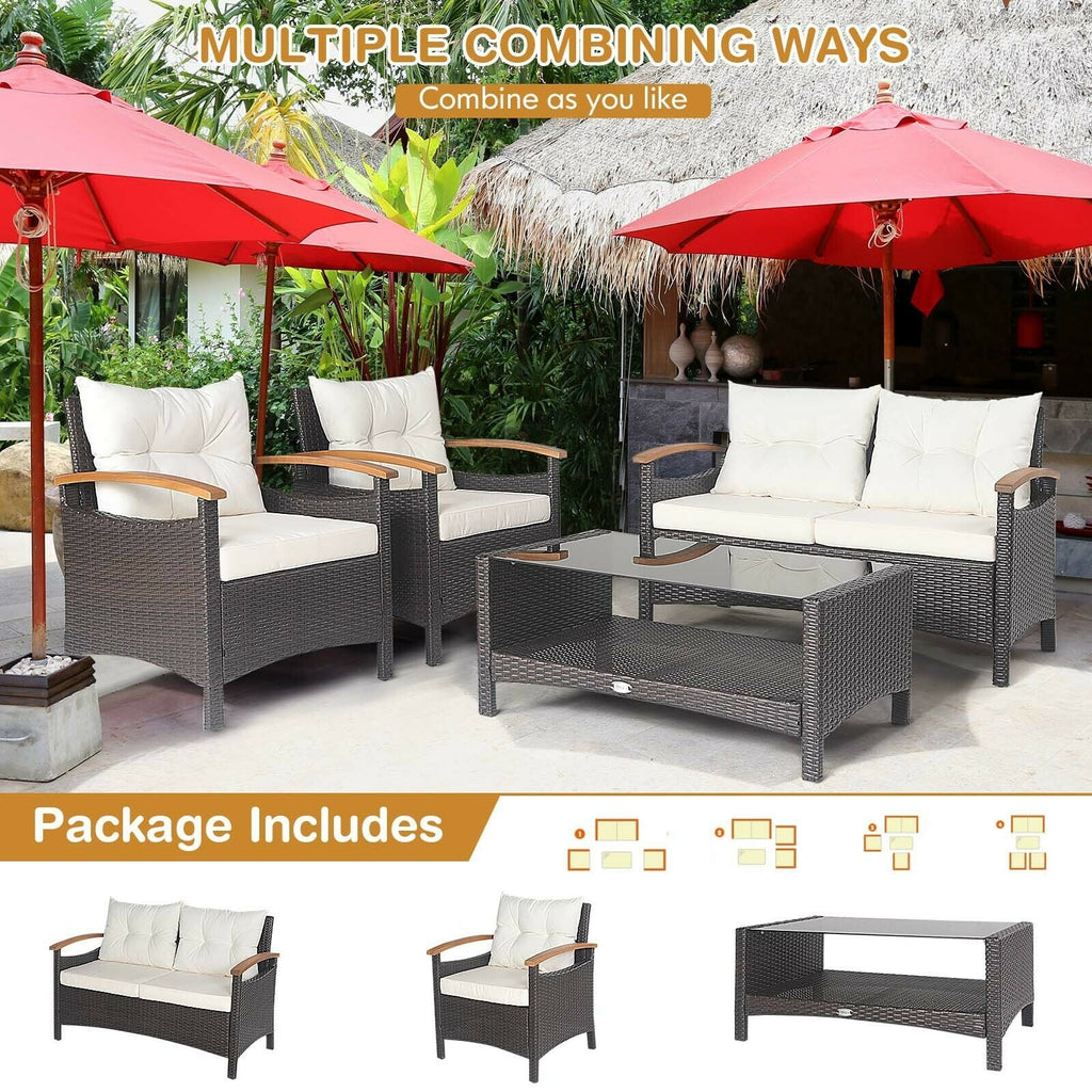 4 Pieces Patio Rattan Furniture Set with Cushioned Sofa and Storage