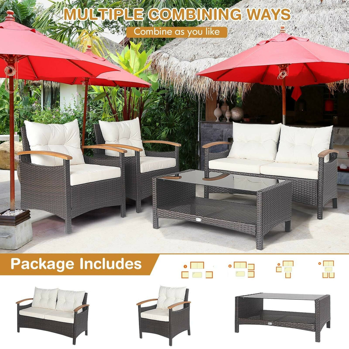 4 Pieces Patio Rattan Furniture Set with Cushioned Sofa and Storage