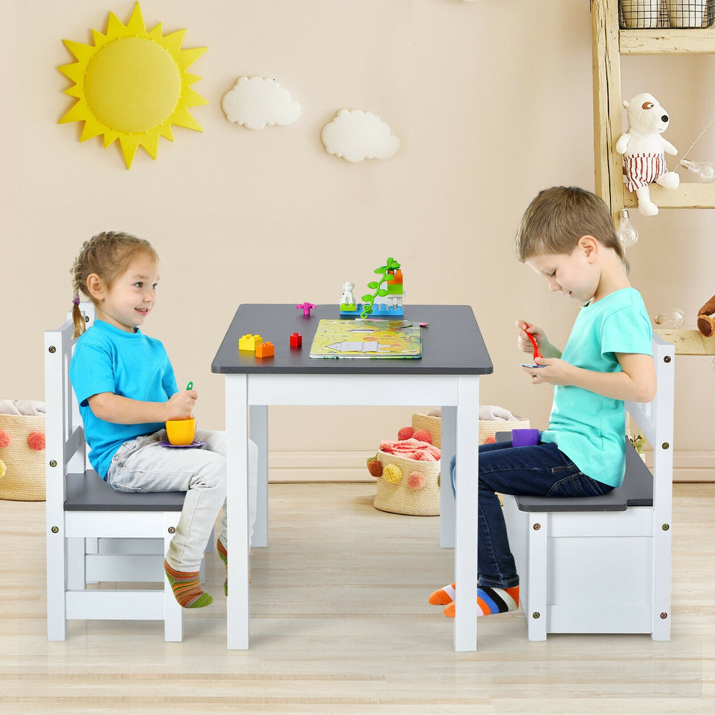 Kids Wooden Activity Table and Chairs Set with Storage Bench - Gray, 4 Pieces (Variation of THIS listing)