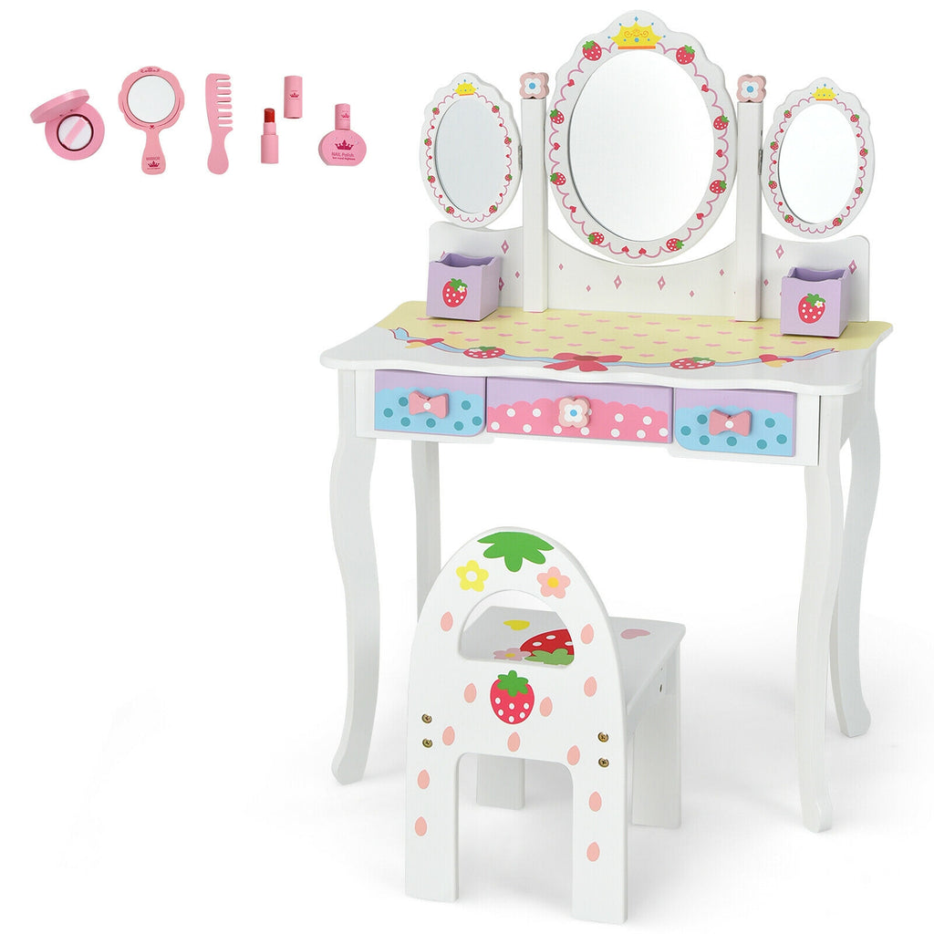 Kids Vanity Set with Tri-Fold Mirror and Chair - White, Detachable Top