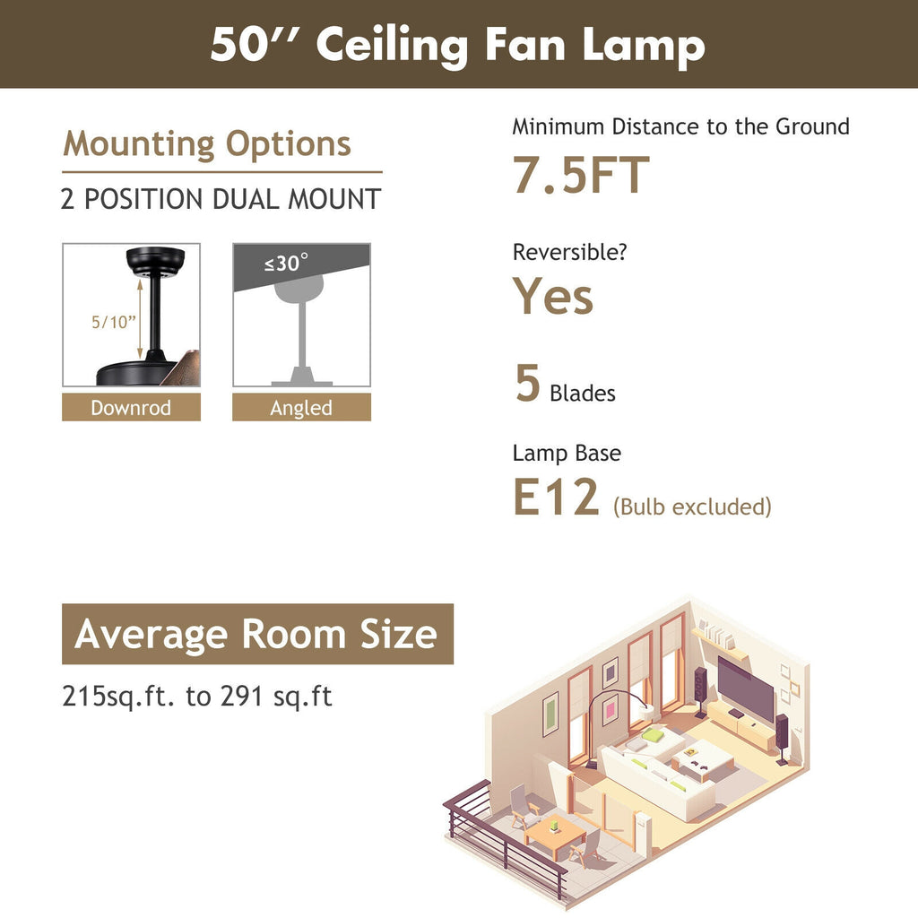 50 Inch Noiseless Ceiling Fan Light with Explosion-Proof Glass Shades - Black Variation