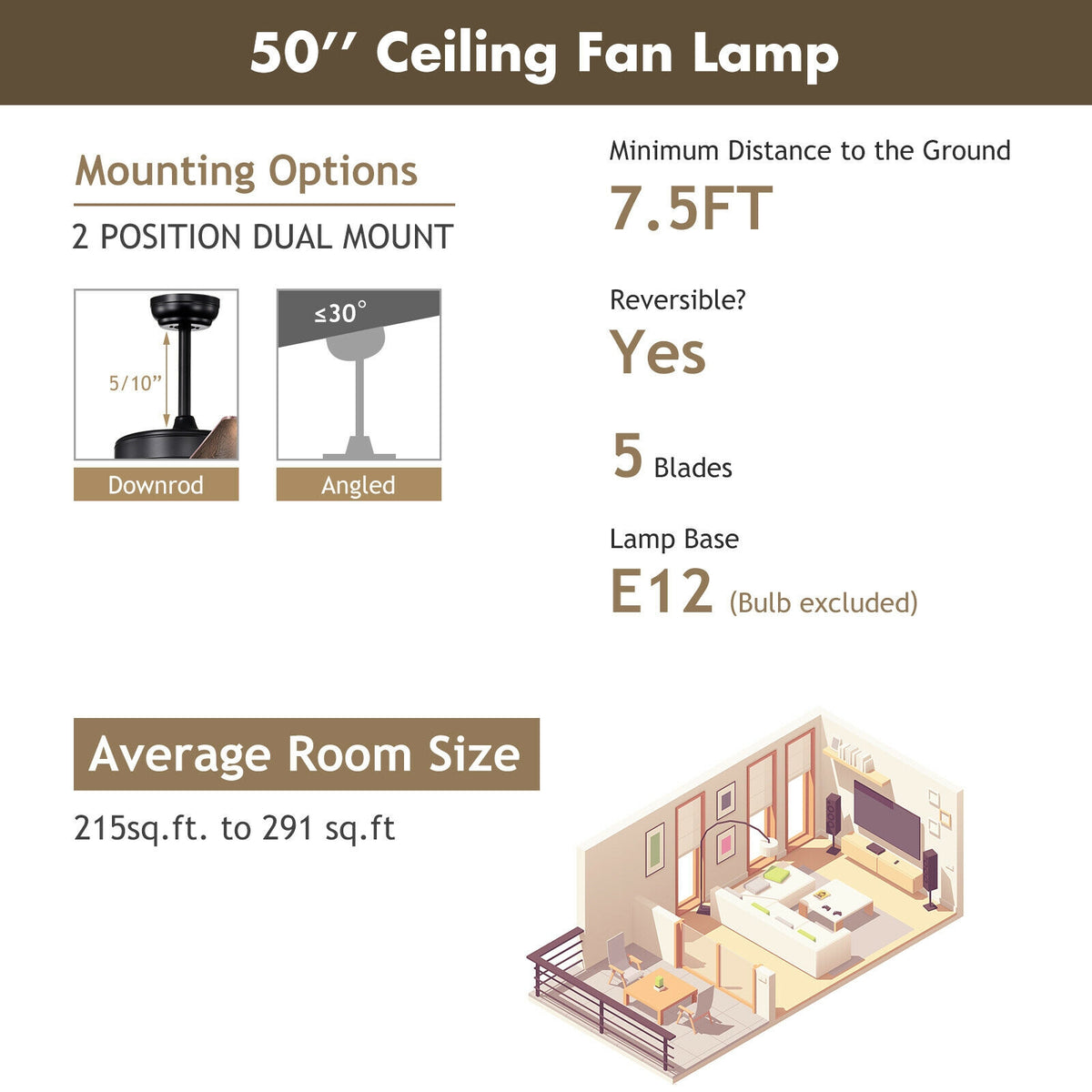 50 Inch Noiseless Ceiling Fan Light with Explosion-Proof Glass Shades - Black Variation