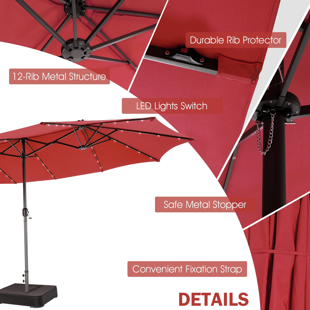 15 Feet Twin Patio Umbrella with 48 Solar LED Lights - Dark Red