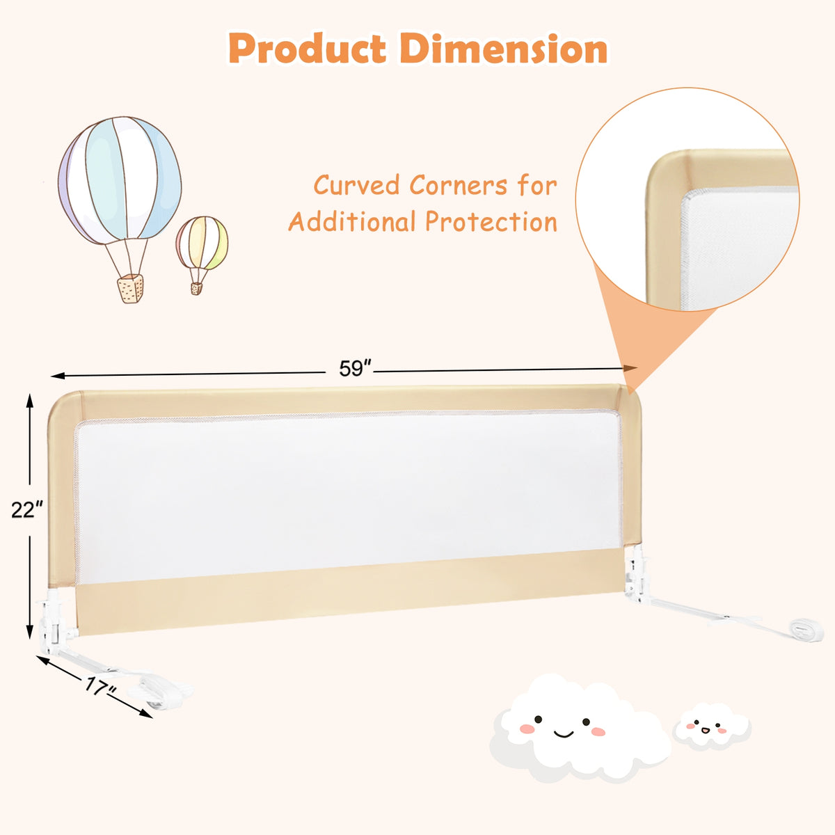 59 Inch Folding Baby Bed Rail Guard with Safety Strap - Beige, Breathable Mesh