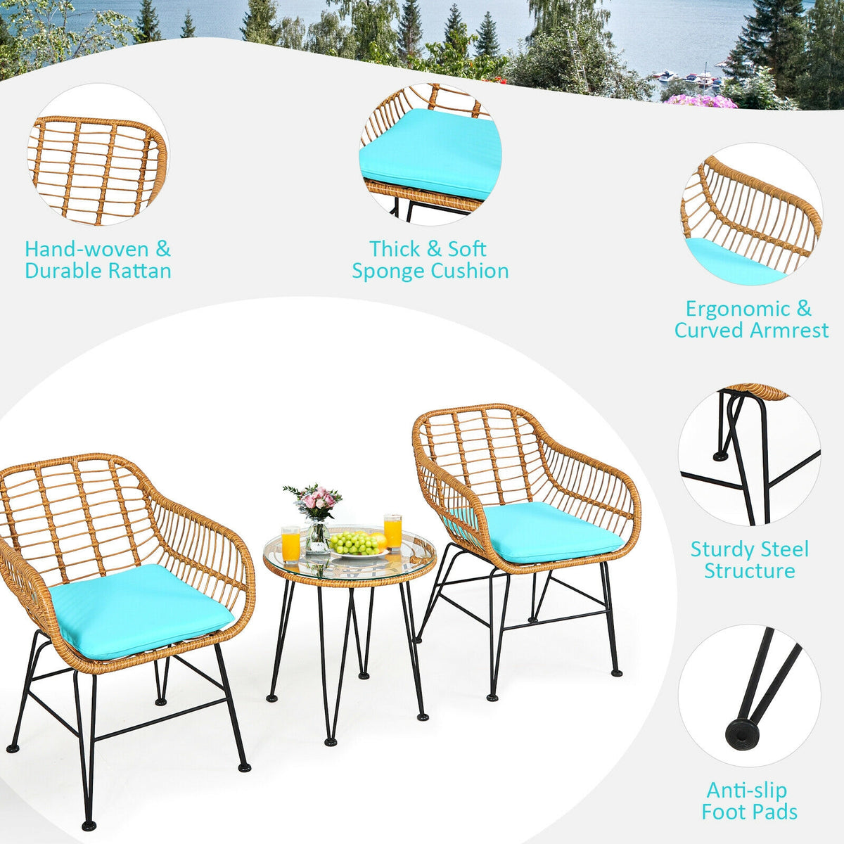 3 Pieces Rattan Furniture Set with Cushioned Chair Table