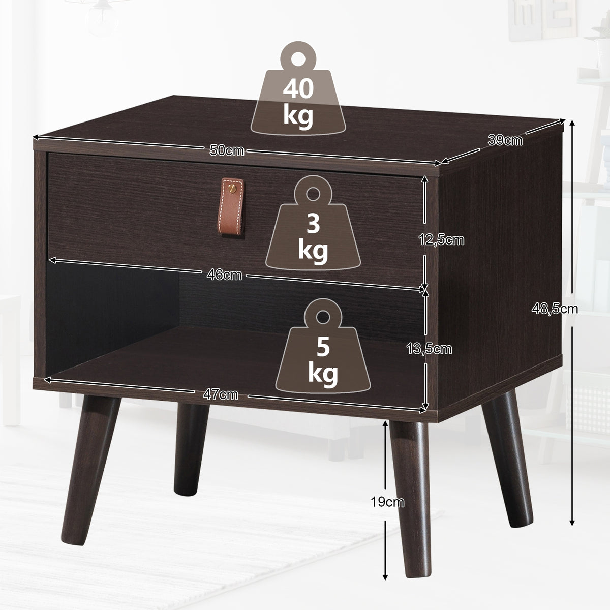 Mid-Century Nightstand with Drawer & Shelf Storage - Brown