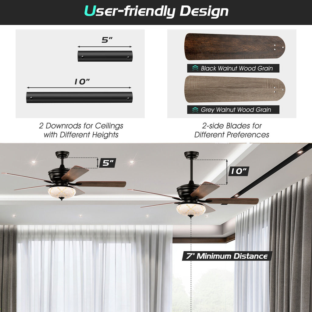 52 Inch Ceiling Fan with 3 Speed Reversible Blades - Black, Remote Control