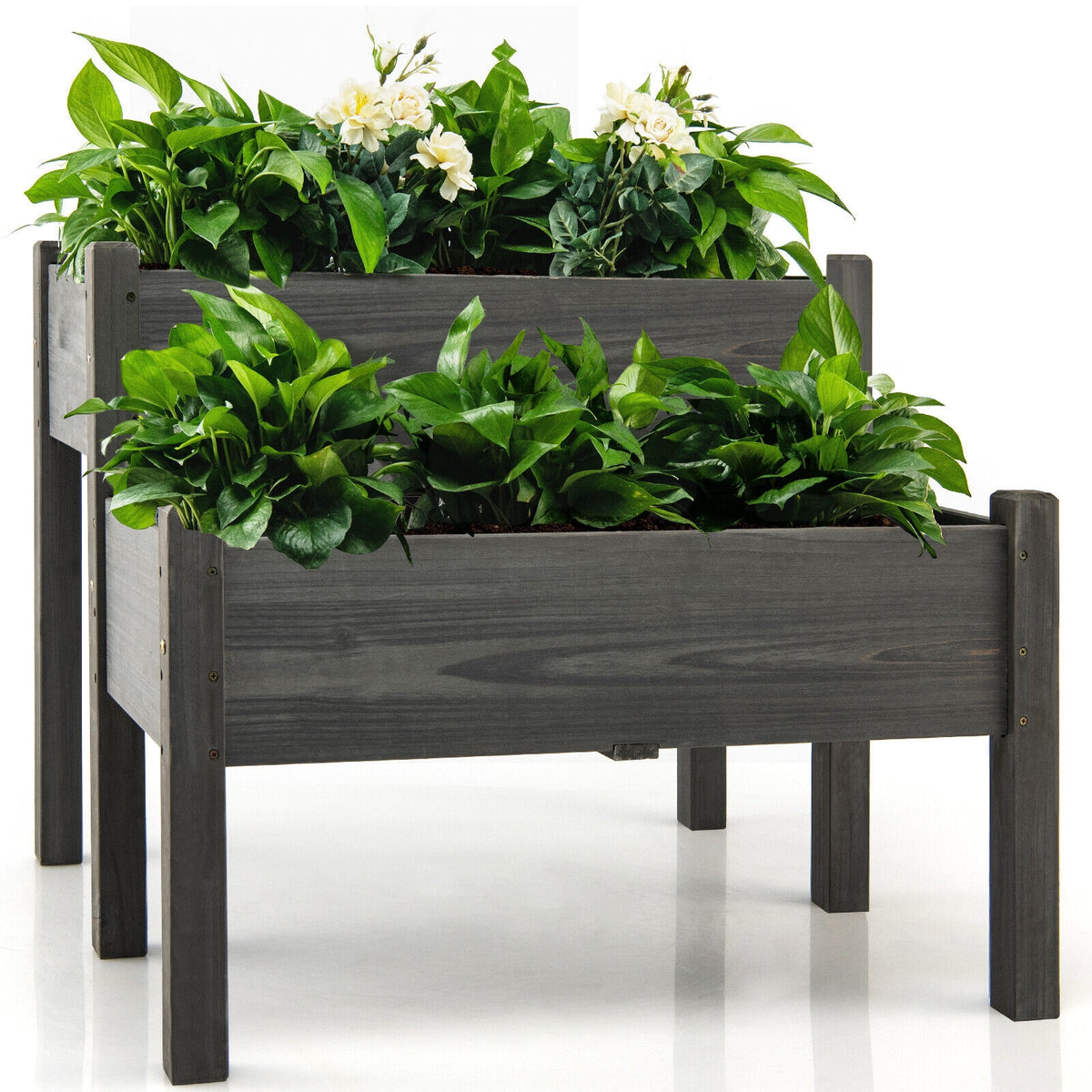2 Tier Wooden Raised Garden Bed with Legs - Gray