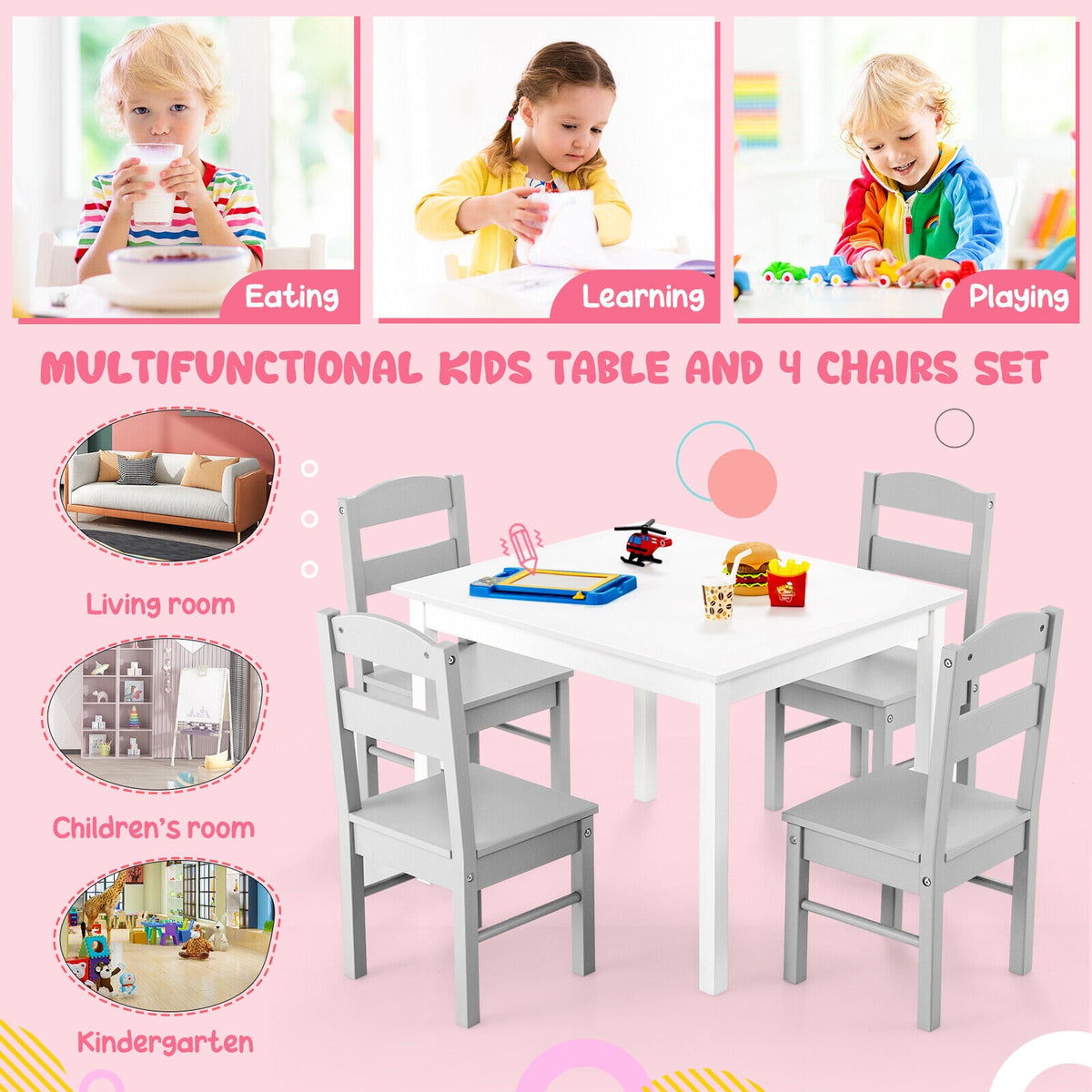 Kids Wooden 5-Piece Table and Chair Set - Rectangular White Playroom Furniture