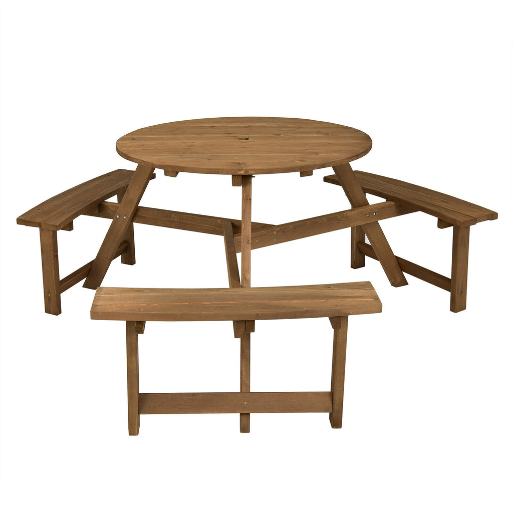 6-Person Round Picnic Table Set with 3 Built-in Benches and Umbrella