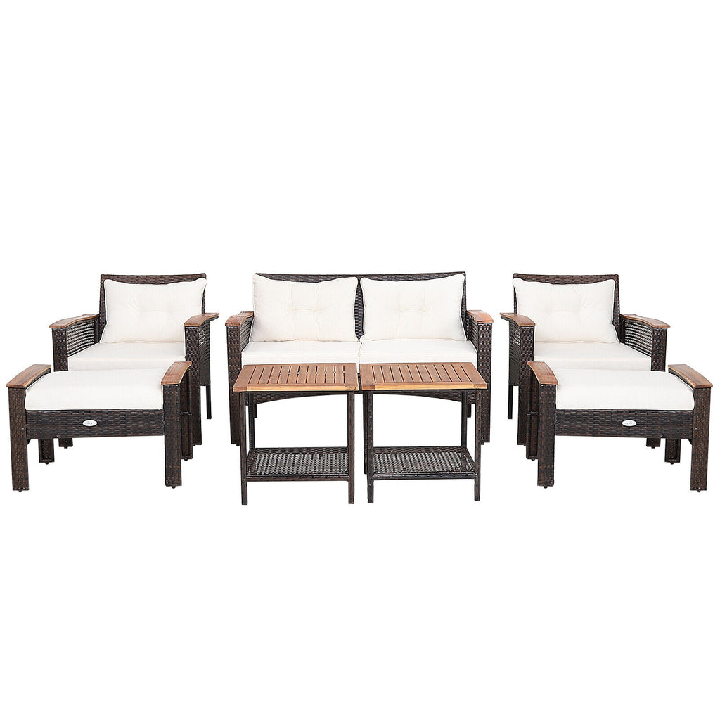 7-Piece Patio Rattan Conversation Set - Loveseat, 2 Chairs, 2 Ottomans, 2 Coffee Tables