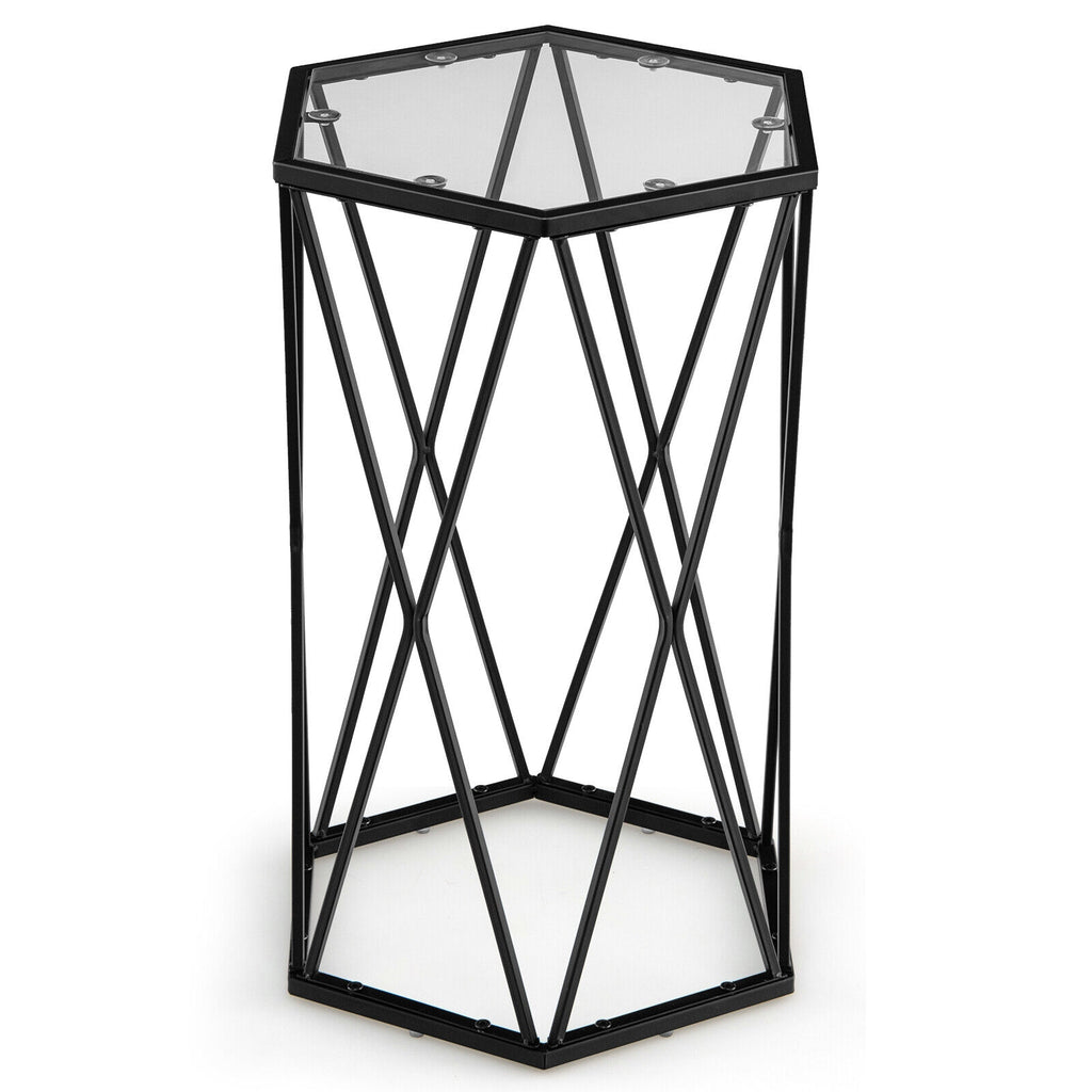 Hexagonal Tempered Glass End Table with Metal Frame